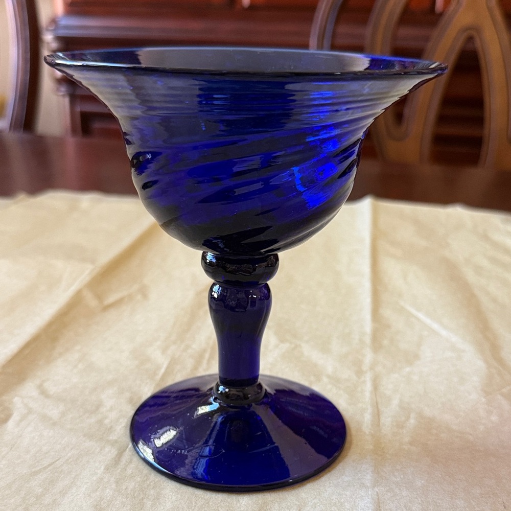 Cobalt Blue Glass swirl pedestal compote footed bowl 5 5/8” tall